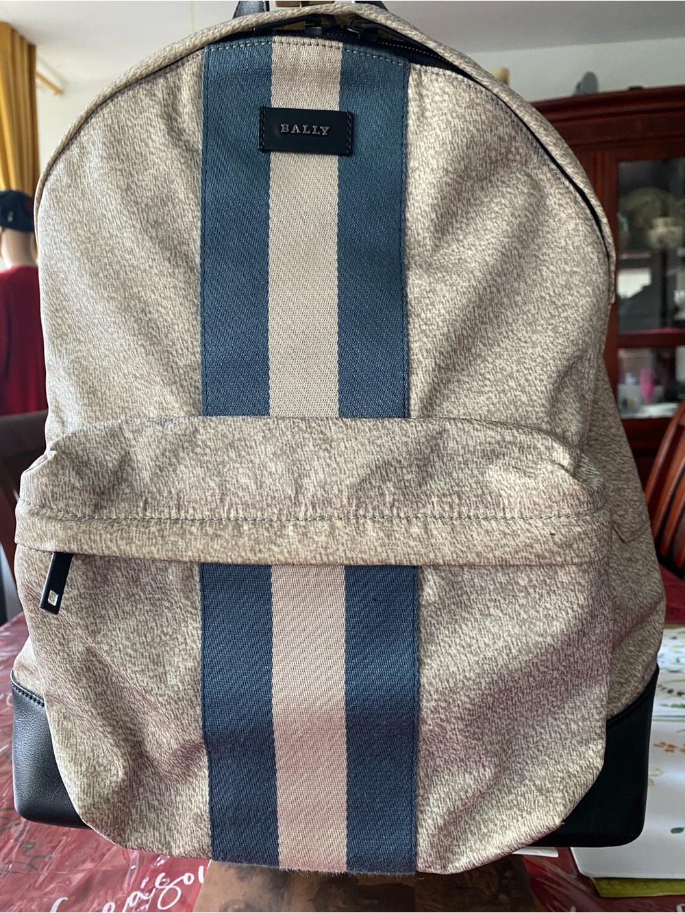 BALLY Beige Backpack with Blue Center Stripe